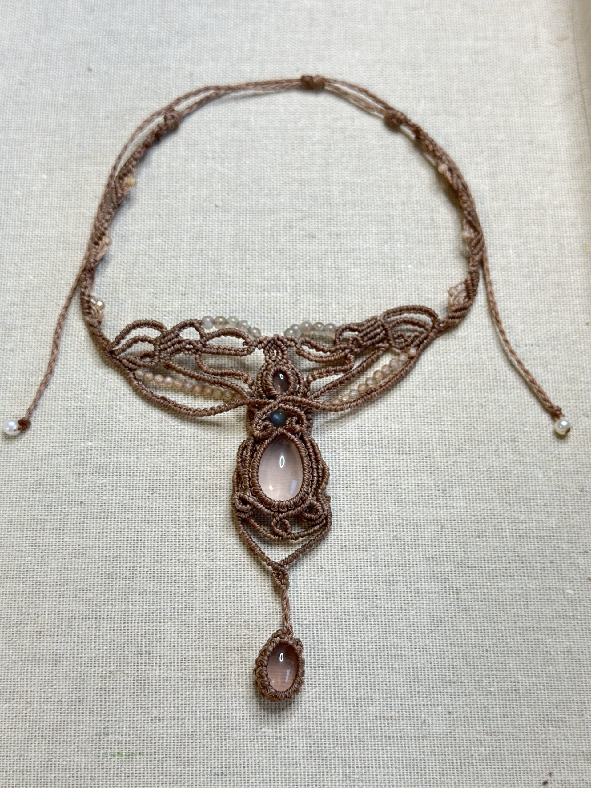 img_4031 Handmade Macrame Necklace with Rose Quartz and Delicate Beading – Bohemian Elegance - Image 1
