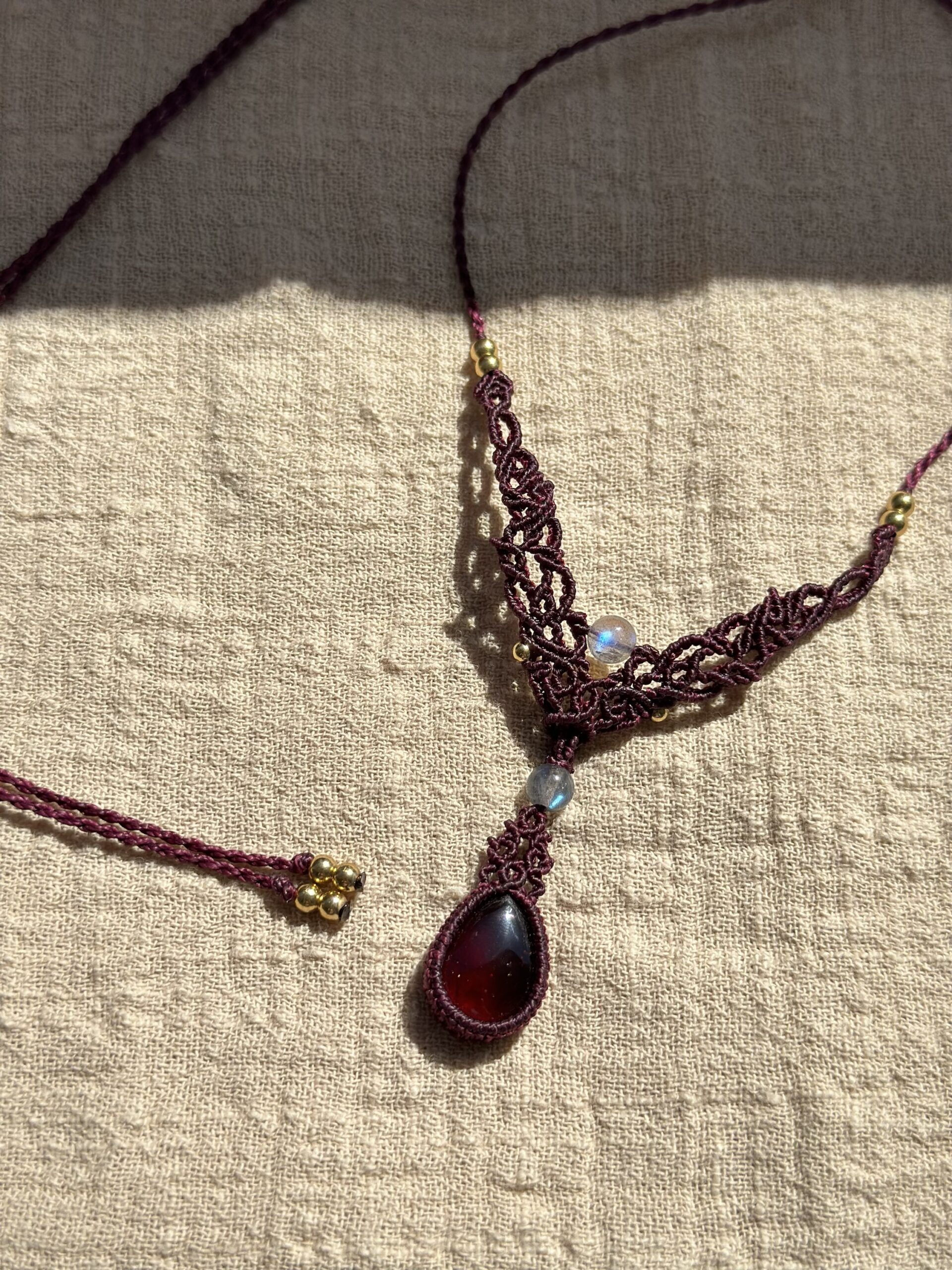 img_9551 Emotional Strength Garnet Drop Macrame Necklace - Image 1